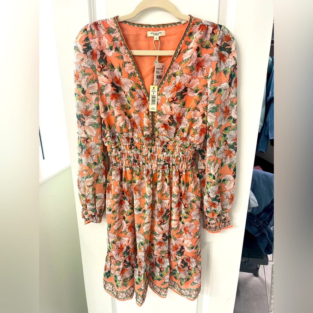 Max Studio Geometric Floral Print Smocked Waist Dress